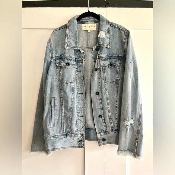 Promesa Distressed Denim Jacket in Light Blue - Picture 1 of 6